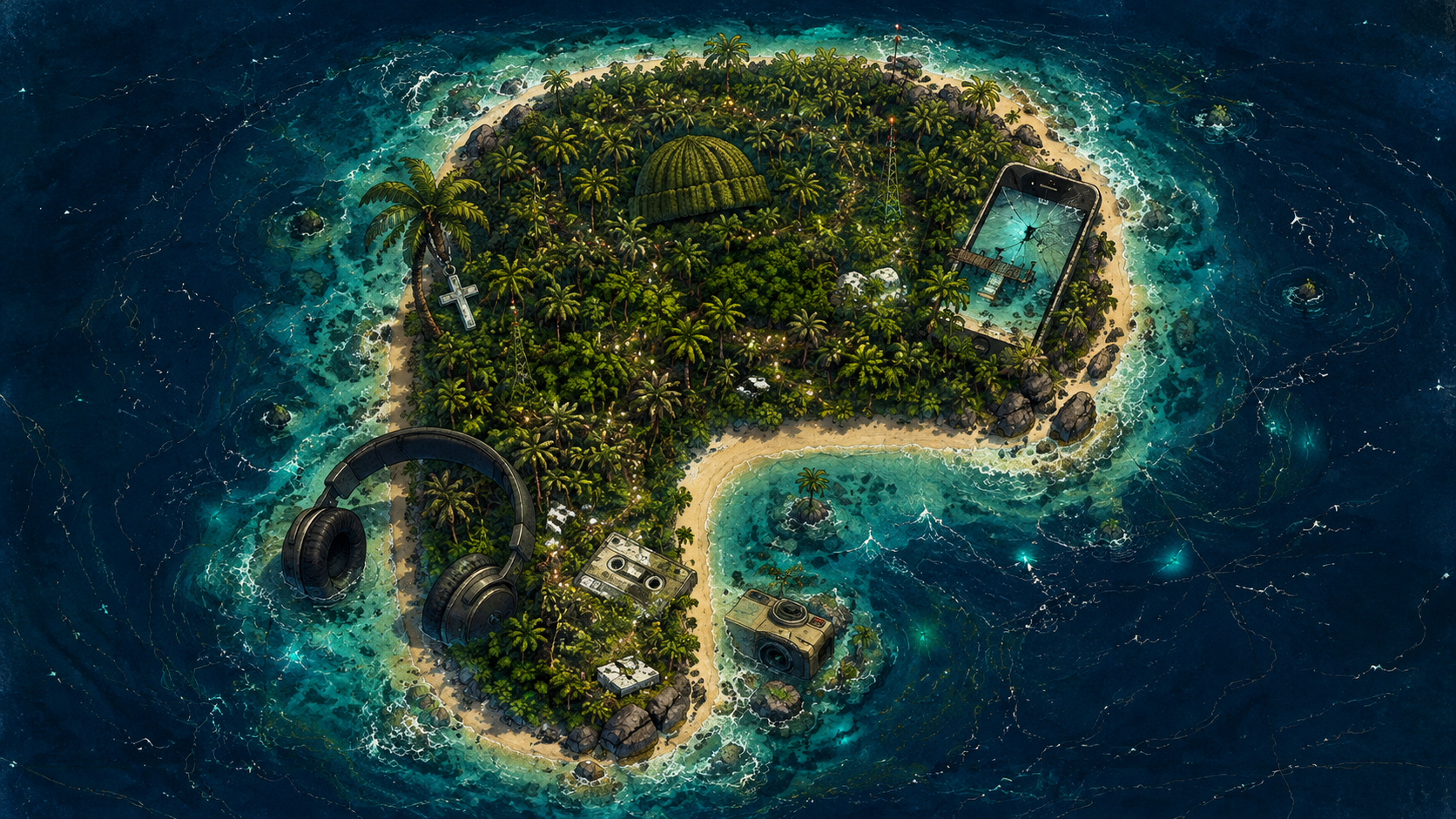 An illustrated P-shaped tropical island filled with strange lost objects